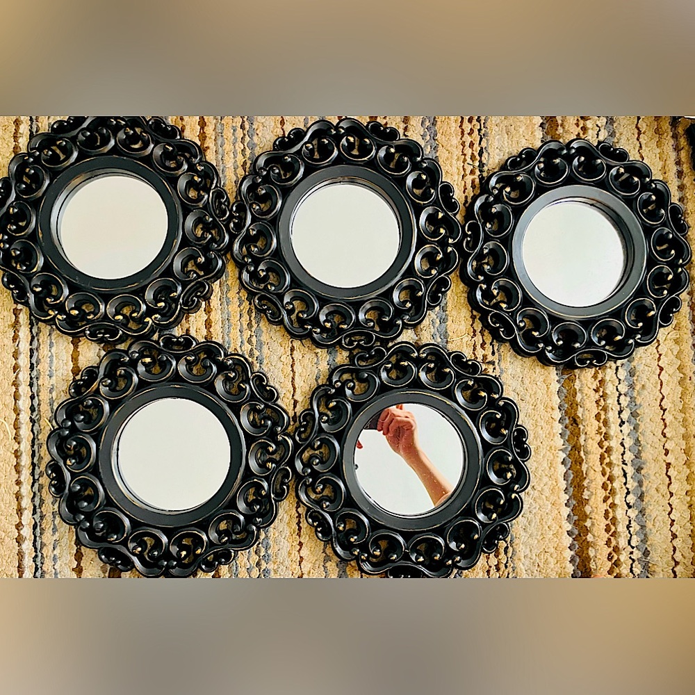 Mirror wall decor- 5 pieces - black and gold tones-frames plastic, mirrors glass